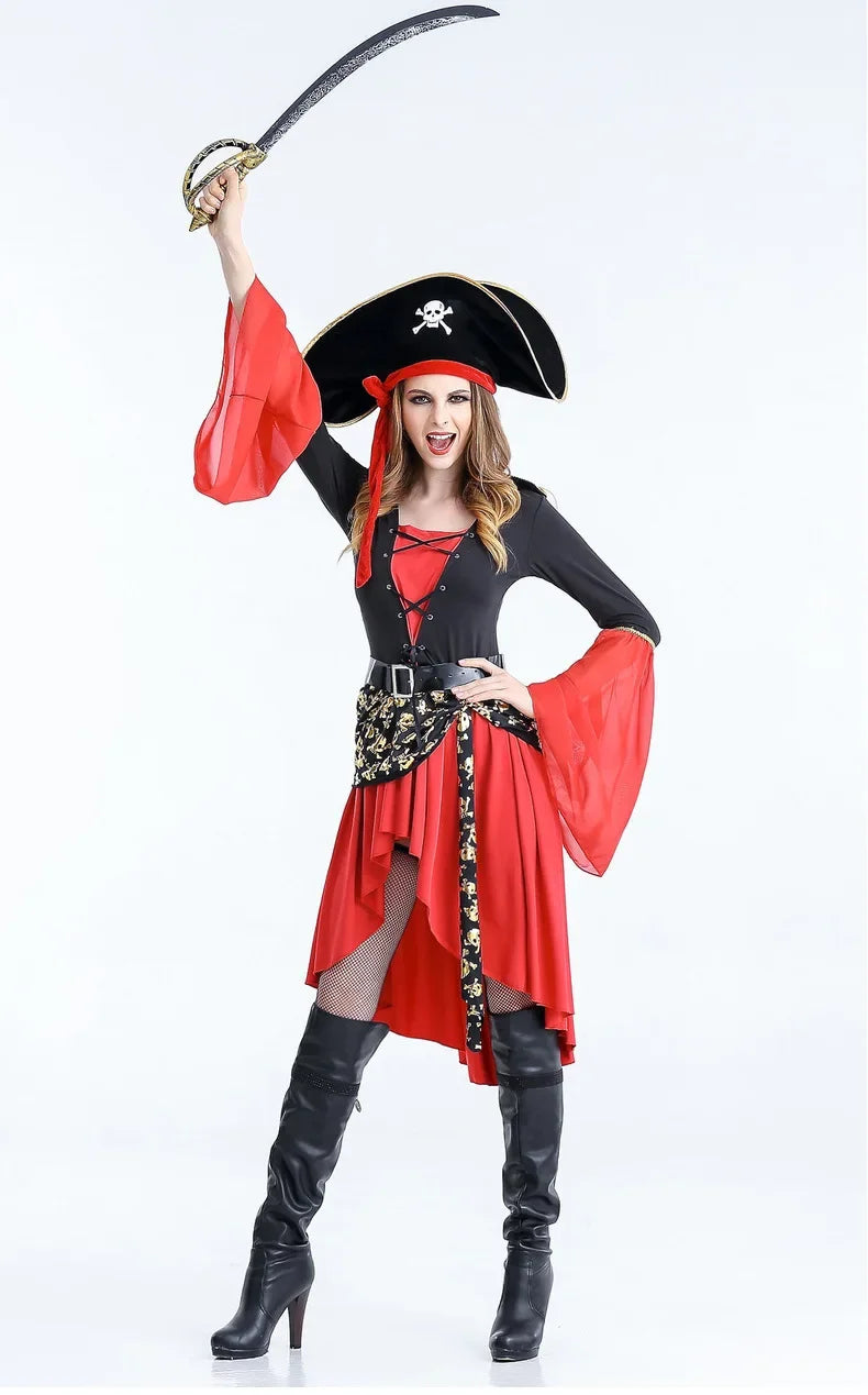 Female Caribbean Pirates Captain Costume Suit Gothic Jack Woman Fancy Dress Role