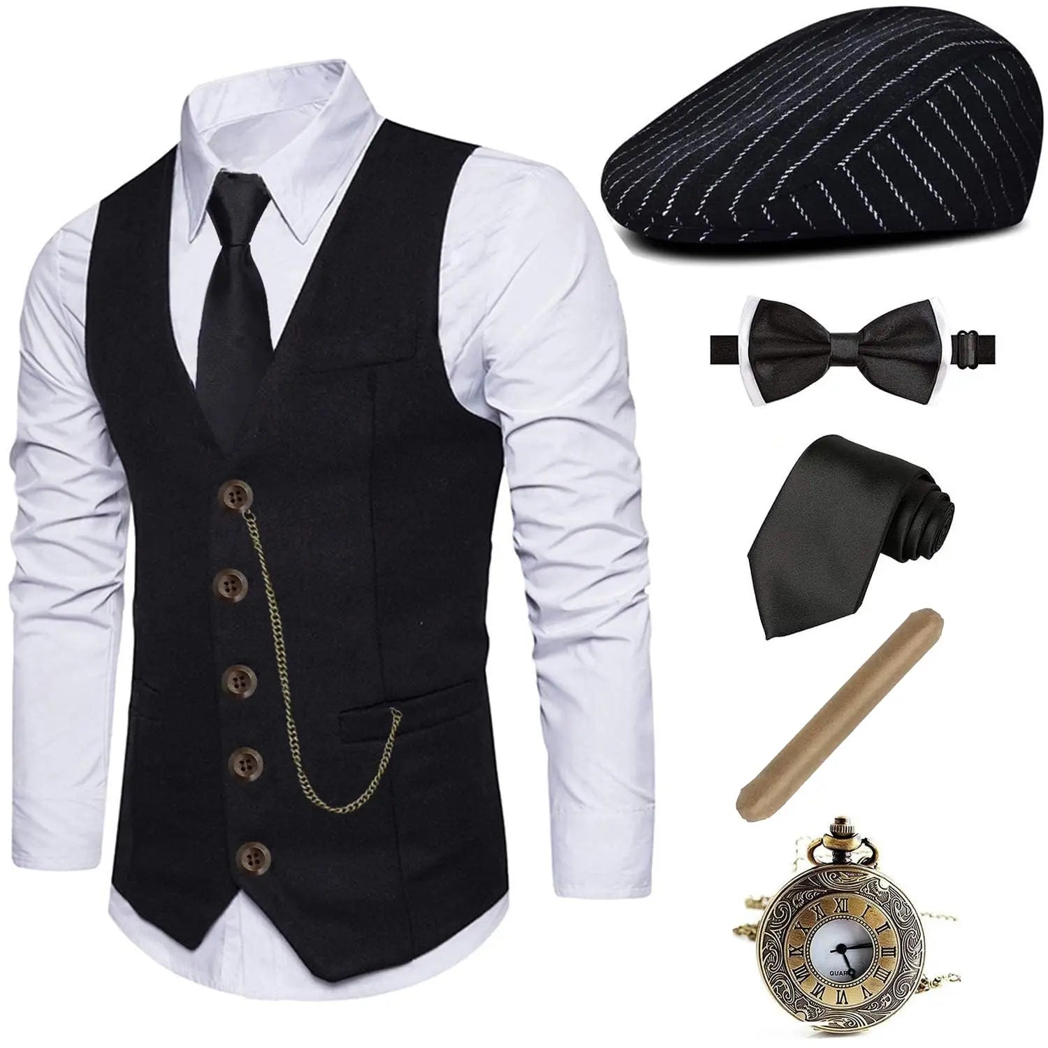 1920s Mens Costume ,Gatsby Gangster Vest,Vintage Pocket Watch,Pre Tied Bow Tie