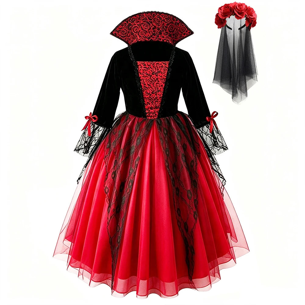 Girls Ghost Bride Halloween Costume Red Lace Dress Kids Horror Phantom Bride - product image 6