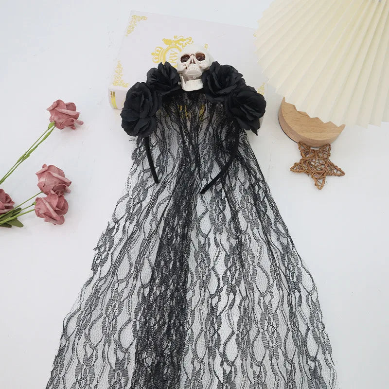 Gothic Black Lace Halloween Headband with Realistic Roses Skull Hair - product image 4