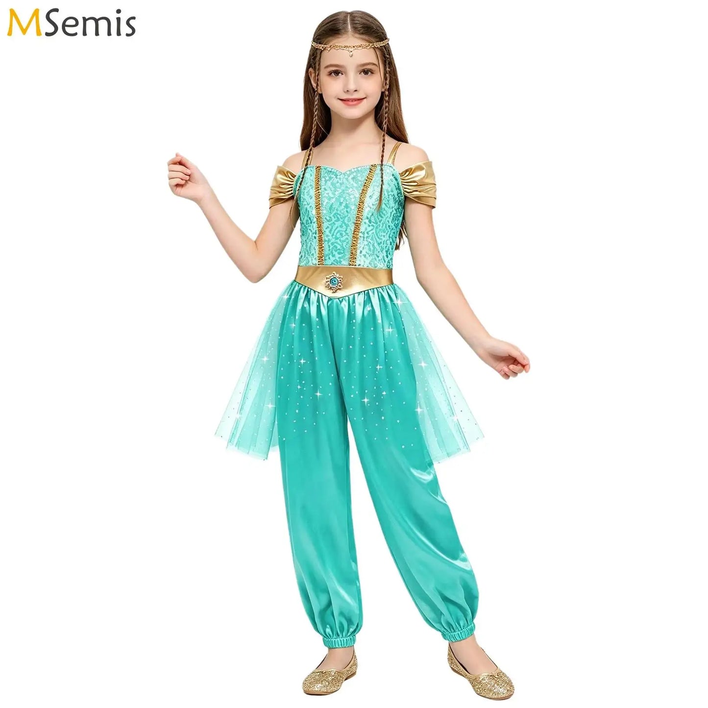 Girls Arabian Princess Halloween Carnival Dress Up Cosplay Costume Metallic Ruched Sequin Bodice Tulle Panel - product image 1