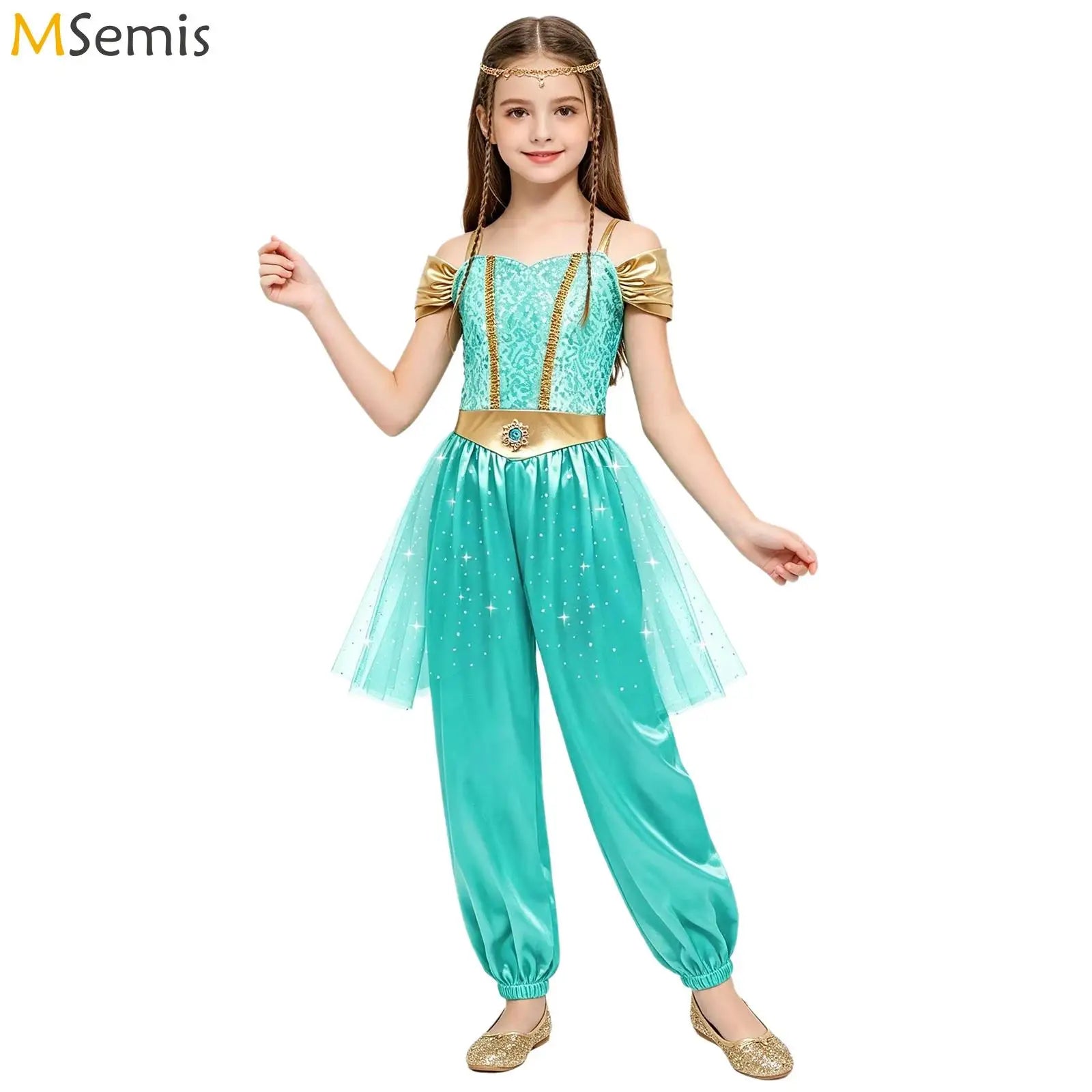 Girls Arabian Princess Halloween Carnival Dress Up Cosplay Costume Metallic Ruched Sequin Bodice Tulle Panel - product image 1