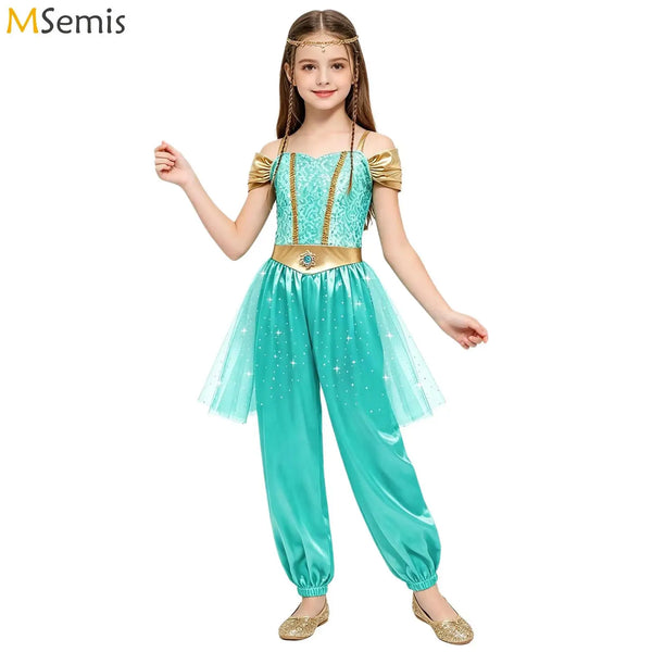 Girls Arabian Princess Halloween Carnival Dress Up Cosplay Costume Metallic Ruched Sequin Bodice Tulle Panel - product image 1