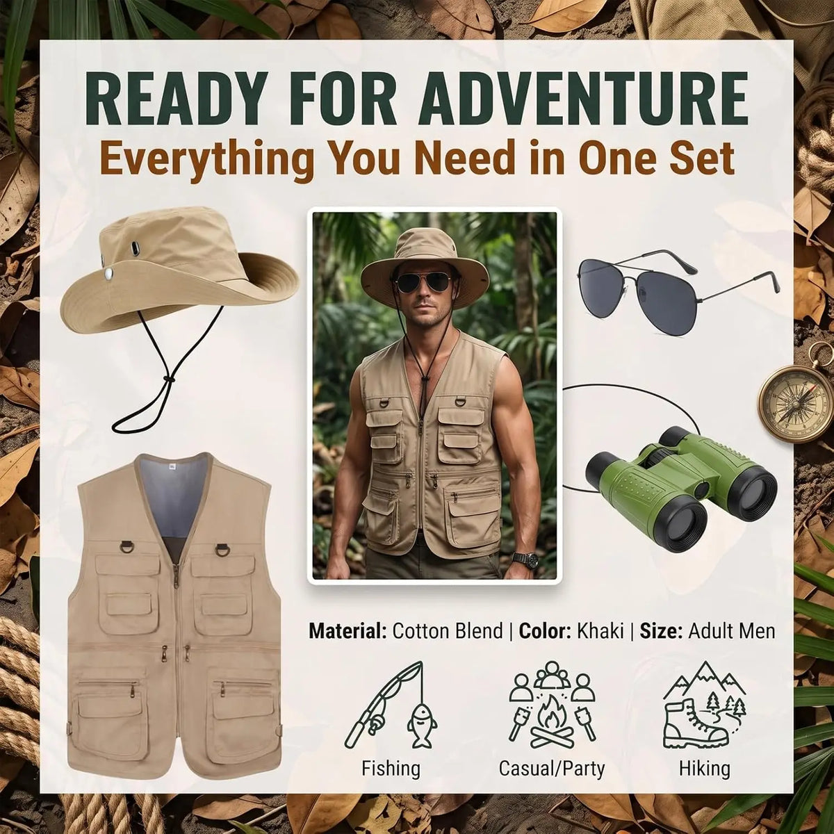 Men's Safari Explorer Costume Set – Vest, Hat & Sunglasses