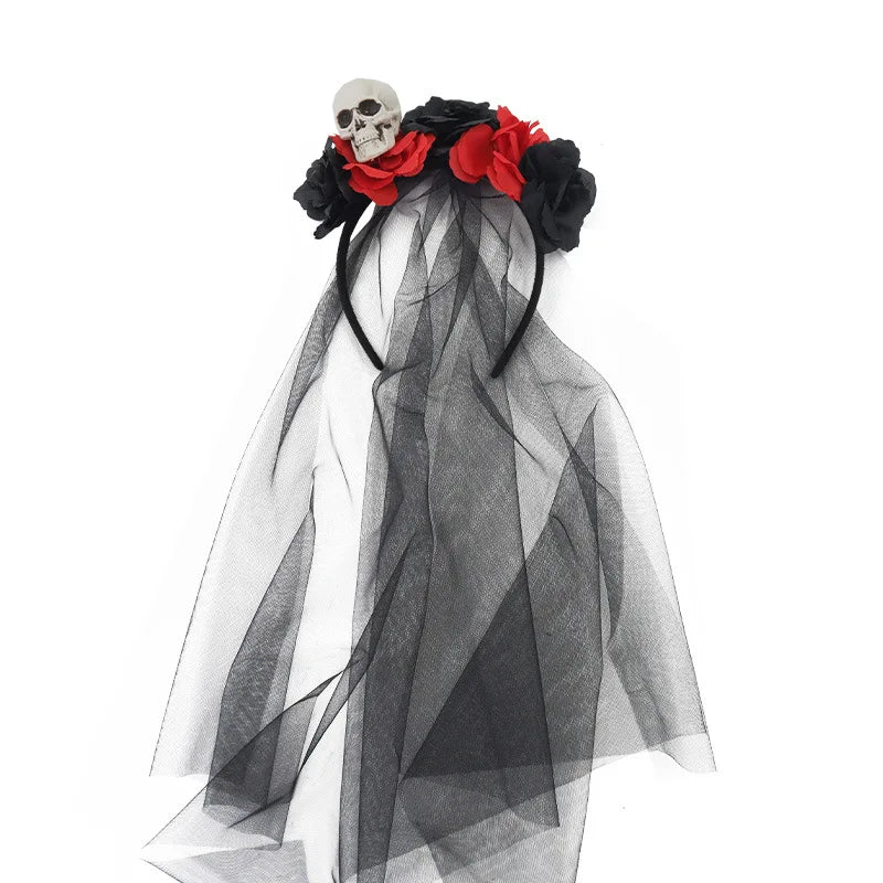 Gothic Black Lace Halloween Headband with Realistic Roses Skull Hair - product image 7