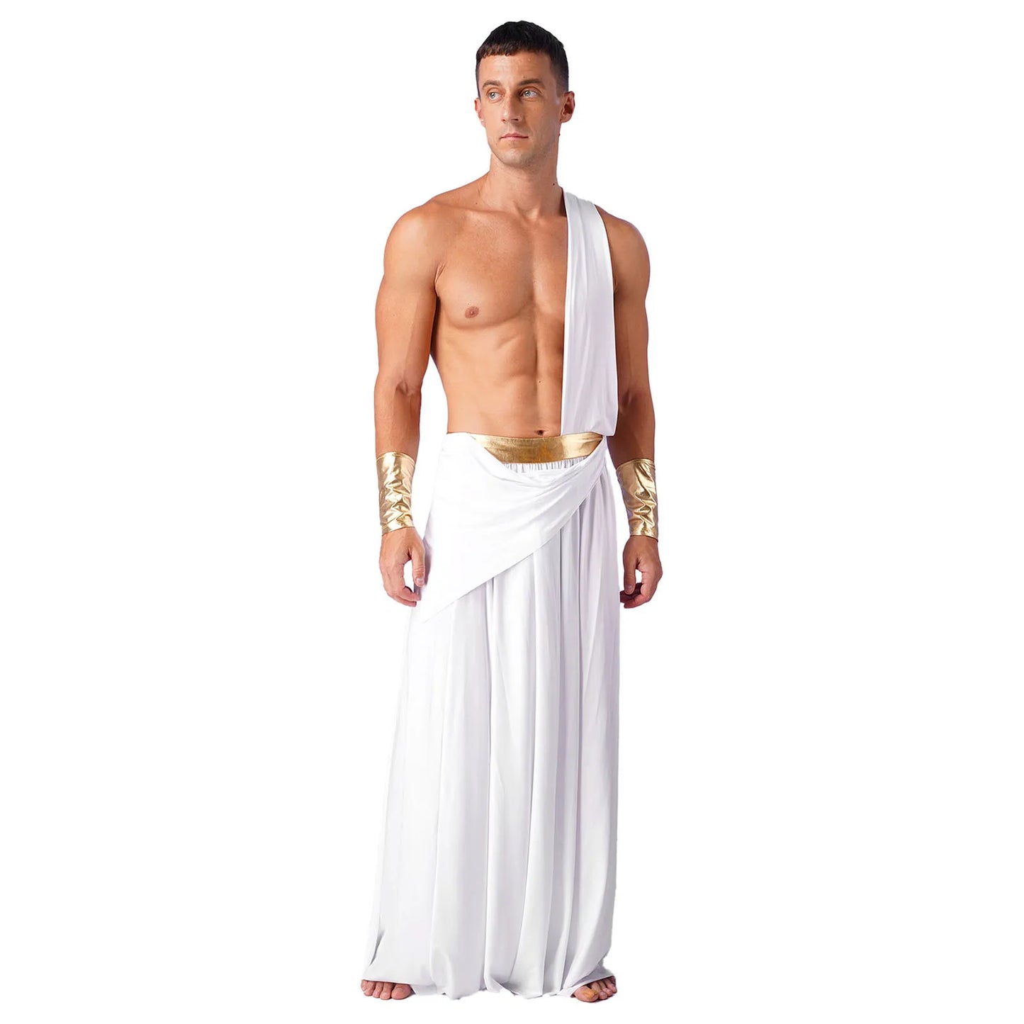 Men's Halloween Ancient Greek God Toga Costumes Roman Emperor Robe Short Sleeve Metallic - White A / XL