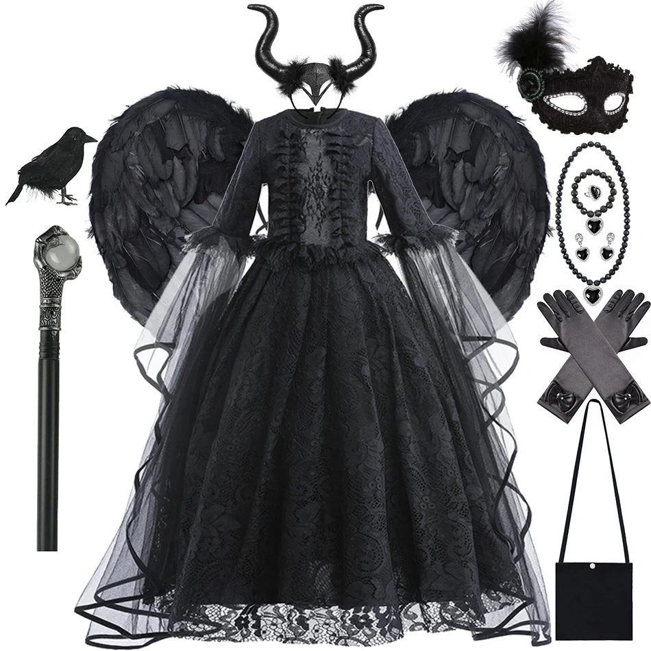 Halloween Dress For Girls Evil Witch Cosplay Costumes Children Lace Ruffles Floor Length Outfits Kids - product image 1
