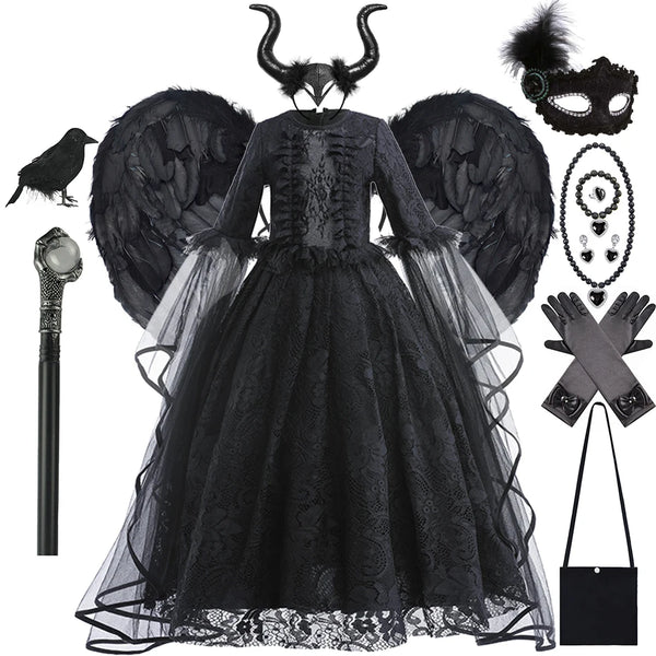 Halloween Dress for Girls Evil Witch Costumes Children Lace Ruffles