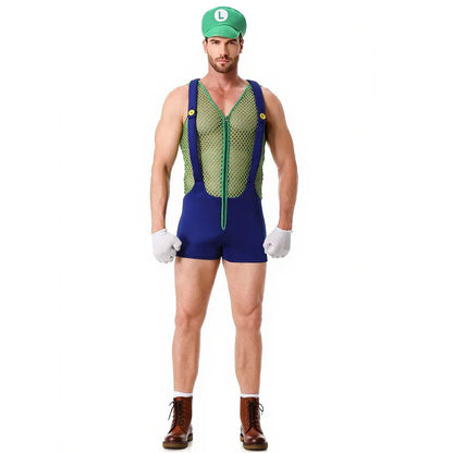 Adult Halloween Anime Cartoon Costume with Hat Sexy Men Red Blue Super Plumber Brother - Red 3 Piece Set / XL