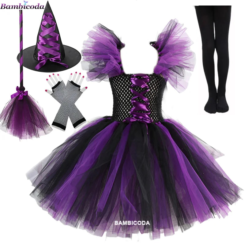 Kids' Witch Disguise Tutu Knee Hat Broom Pantyhose Halloween Costume - c6 / M(4-5Y)