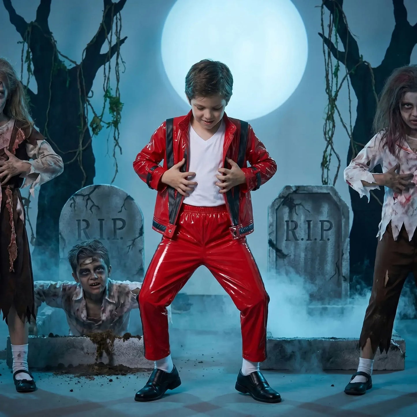 2026  MJ Michael Jackson Thriller Kids Costume  Red   Black Leather Jacket Pants Boys Halloween Stage Cosplay Outfit