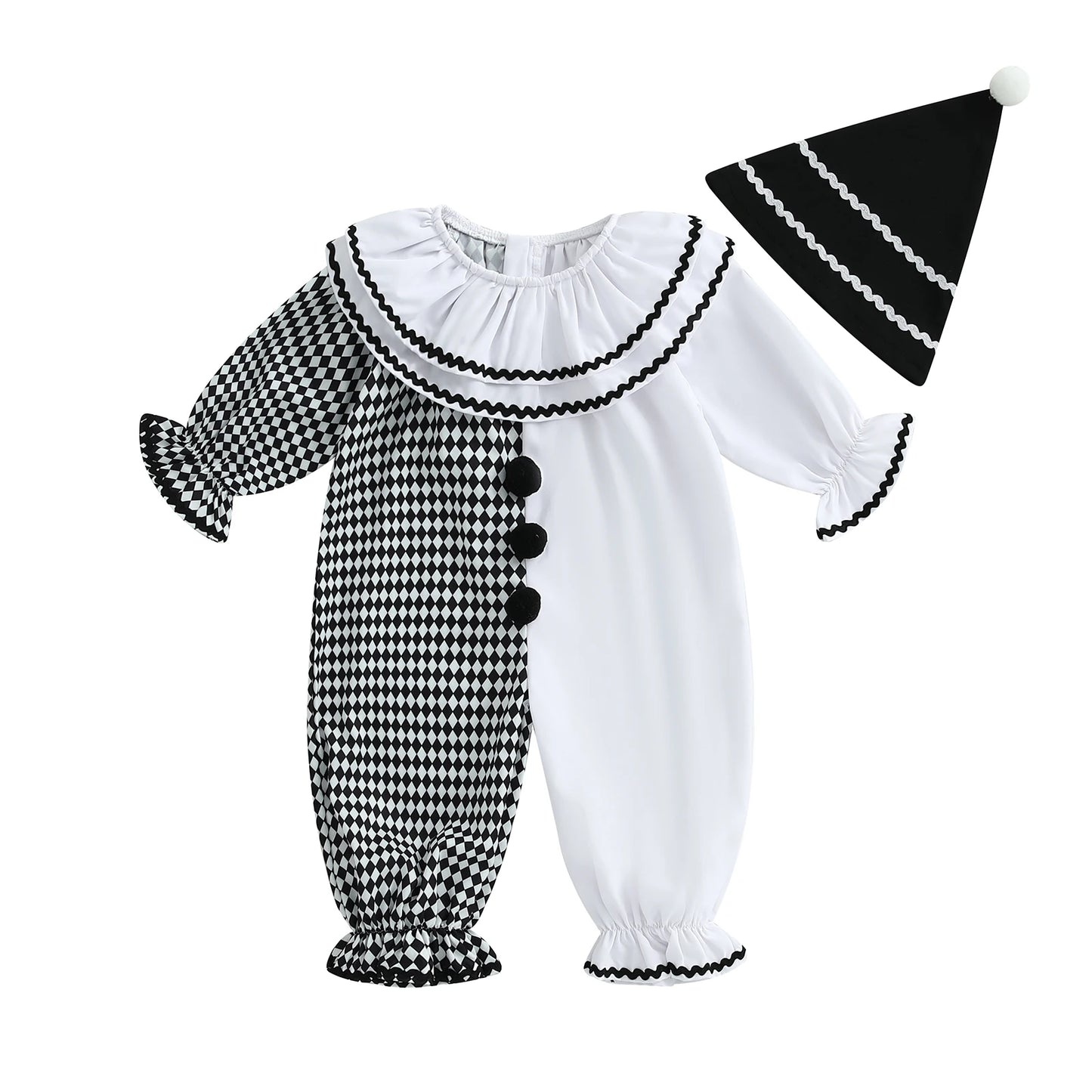 Toddler Baby Clown Halloween Costume Contrast Color Sleeve Jumpsuit and Hat 2 Pcs Set - A / 2-3Y