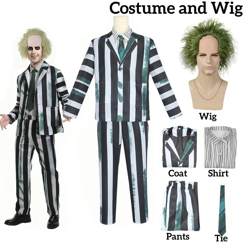 Adult Men's Costume Black and White Striped Suit with Wig for Halloween Costume Outfit - Costume and Wig / L