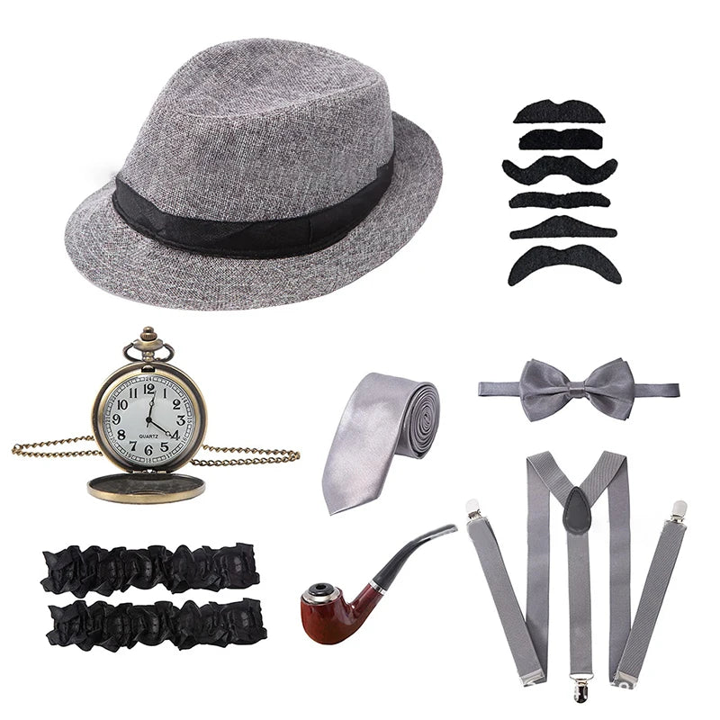 Halloween 1Set 1920's Costume Hat Pocket Watch Neck Tie Moustache Bowtie Gatsby - A