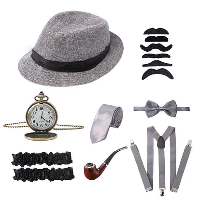 Halloween 1Set 1920's Costume Hat Pocket Watch Neck Tie Moustache Bowtie Gatsby - A