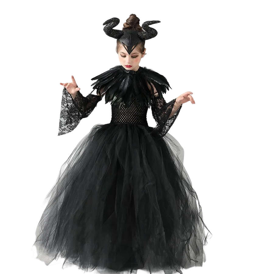 Kids' Horned Dark Fairy Queen Horned Dark Fairy Queen Evil Queen Witch Devil Black Tulle Halloween Costume - 4 pcs Set C / 4-5Y