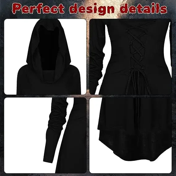 Women's Medieval Renaissance Vintage Hooded High Low Pullover Halloween Costume - black / M
