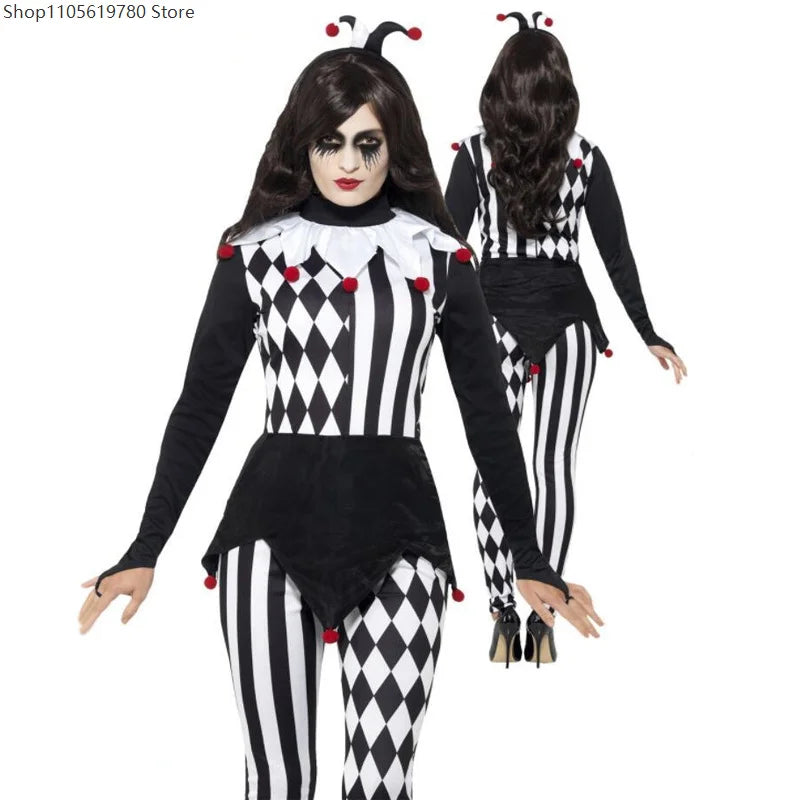 Women Killer Clown Costume Adult Costume Terror Striped Jumpsuit Halloween Scary Outfit - Black / M