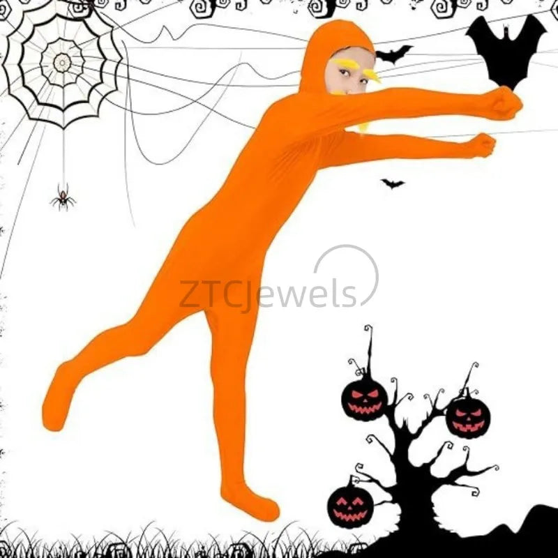 Adult Kid Halloween Jumpsuit Orange Costume Yellow Moustache and Eyebrow Baring Orange - Orange / kids 140cm