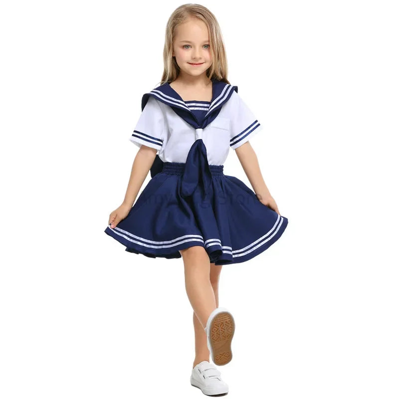 Halloween Kids Sailor Costume Dress Anime Japanese School Uniform Shirt Skirt Bow Tie - PS9113girl / 115-130