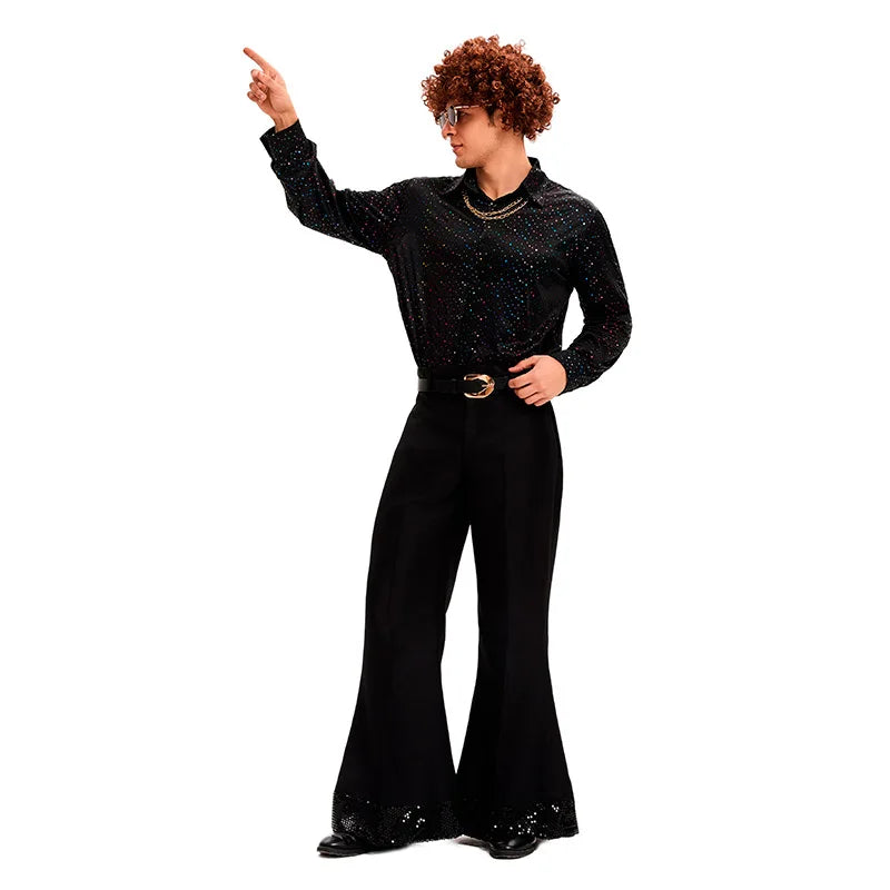 Men's 70s 80s Retro Disco Hippie Costume Polyester Bell Bottom Pants Top Set Halloween Holiday Party Cosplay - product image 3