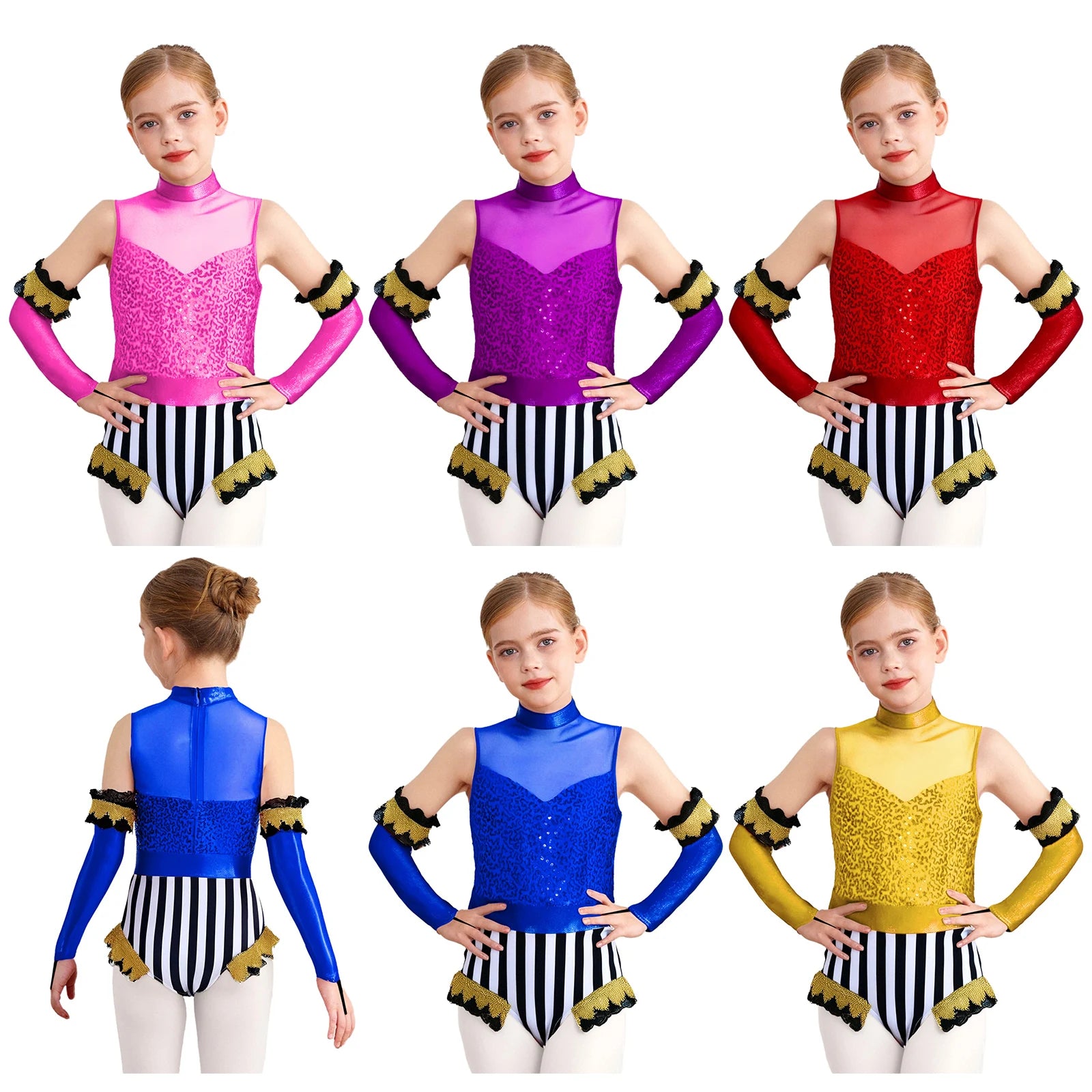 Girls Halloween Circus Ringmaster Clown Costume Sleeveless Sequin Mesh Dance Leotard with - Red / 10