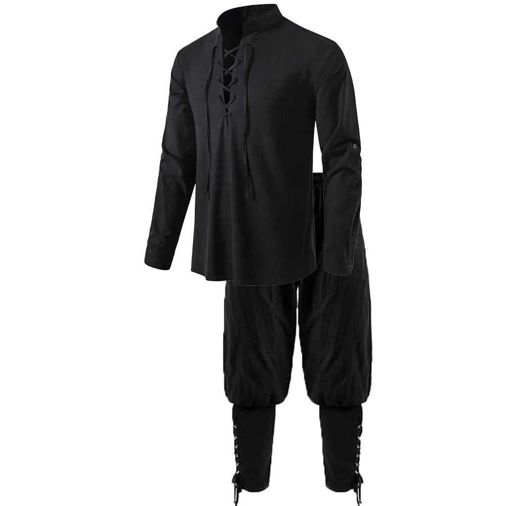 2Pcs Men's Medieval Knight Costume Set Renaissance Costume Pirate Shirts Ankle