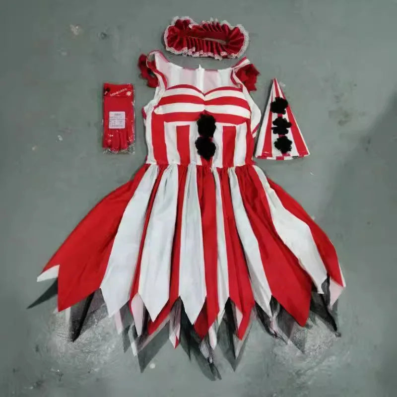 Women's Red & White Circus Clown Costume – Striped Dress & Hat