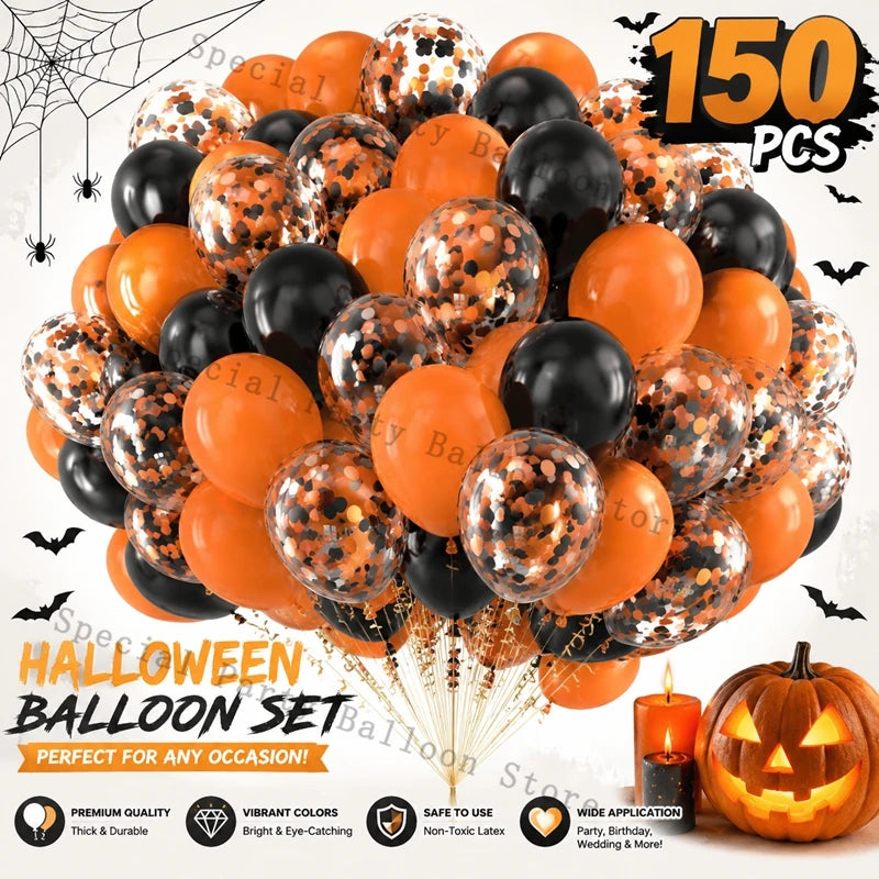 Halloween Balloon Set 150 Pack Black Orange Confetti Filled Latex Balloons