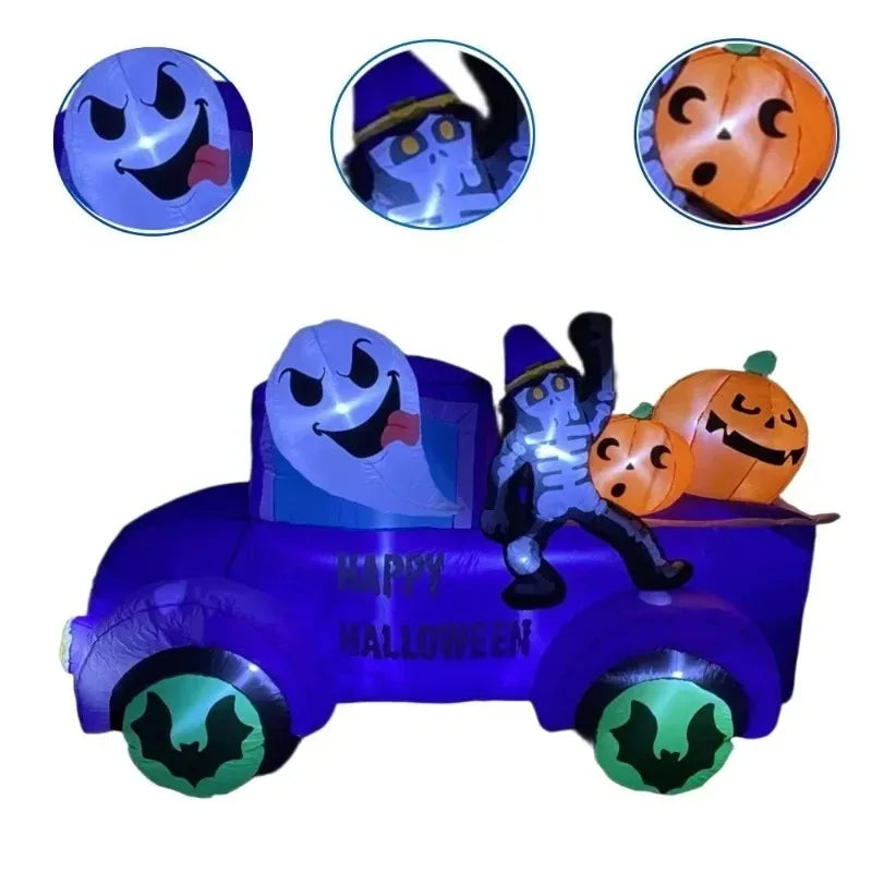8FT Outdoor Inflatable Halloween Model - Ghost Driving Truck with Skeleton & Pumpkin, Built-in LEDs, Ideal for Yard Decorations