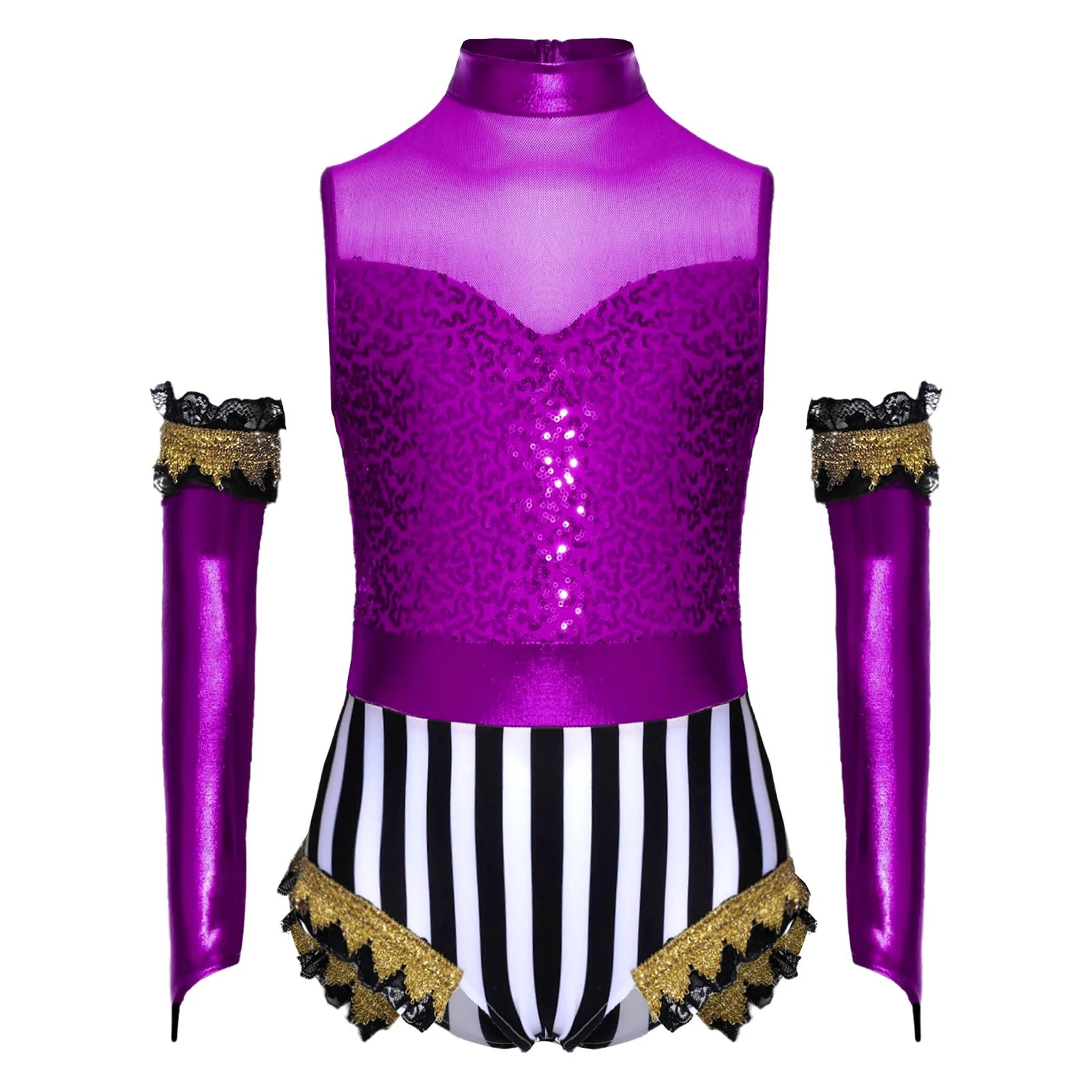 Girls Halloween Circus Ringmaster Clown Costume Sleeveless Sequin Mesh Dance Leotard with - Purple / 16
