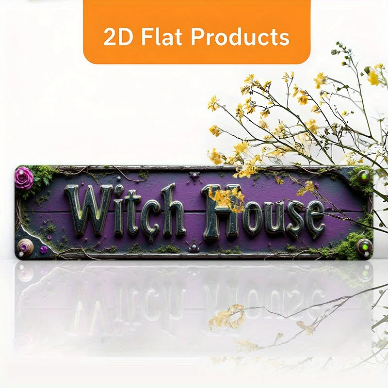 Witch House Purple Mossy Fantasy Tin Sign, Gothic Halloween Metal Wall Decor for Home, Witchcraft Room, Spooky Rustic Iron Plaqu