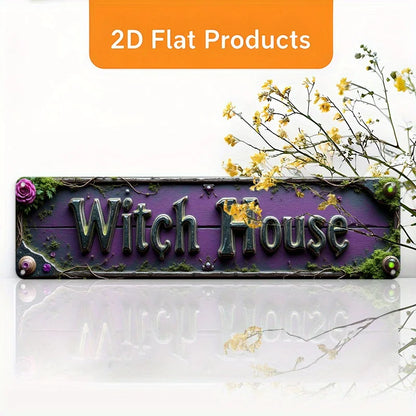 Witch House Purple Mossy Fantasy Tin Sign, Gothic Halloween Metal Wall Decor for Home, Witchcraft Room, Spooky Rustic Iron Plaqu