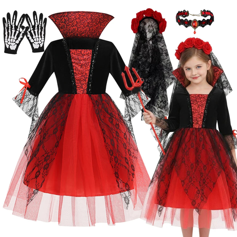 Girls Red Ghost Bride Gothic Halloween Vampire Costume Dress Up