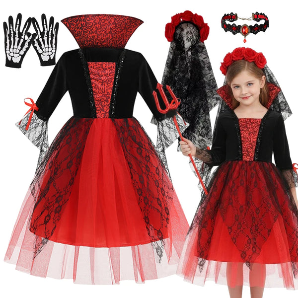 Girls Red Ghost Bride Gothic Halloween Cosplay Vampire Costume Dress Up Children Christmas Vestidos Clothes - product image 1