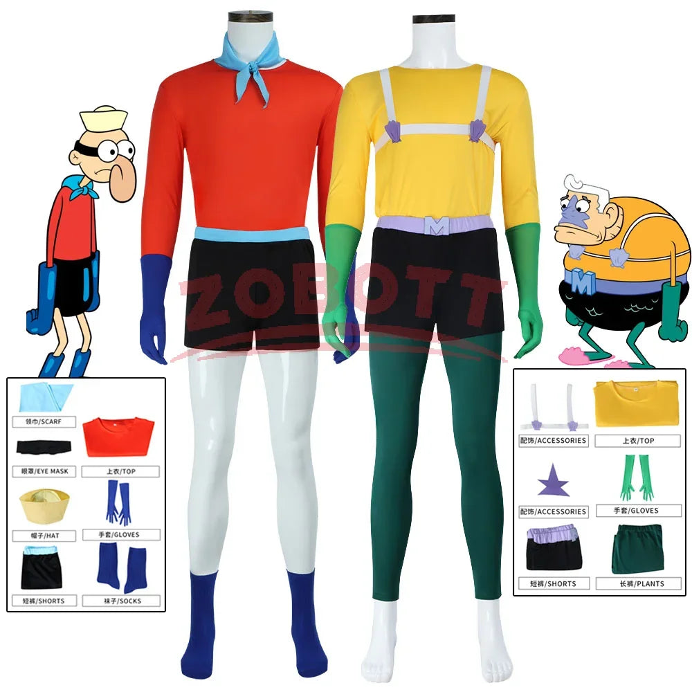 Mermaid Man Costume Barnacle Outfit Set Sponge Bob Superhero Costume Adult Men's Costumes - Mermaid Man-A / XXL