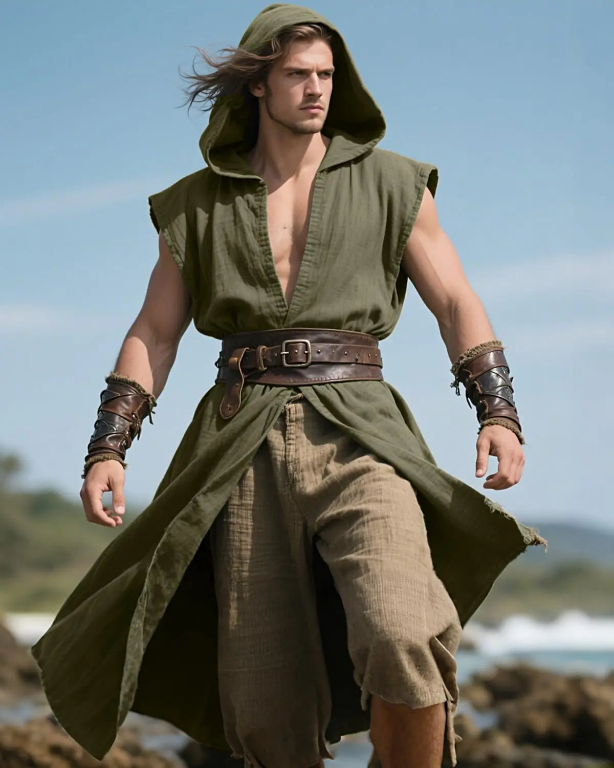 Men's Medieval Hooded Surcoat Renaissance Tabard Sleeveless Tunic Cloak Viking Costume - black / M
