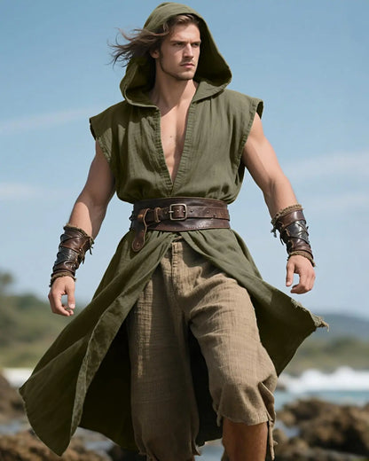 Men's Medieval Hooded Surcoat Renaissance Tabard Sleeveless Tunic Cloak Viking Costume - black / M