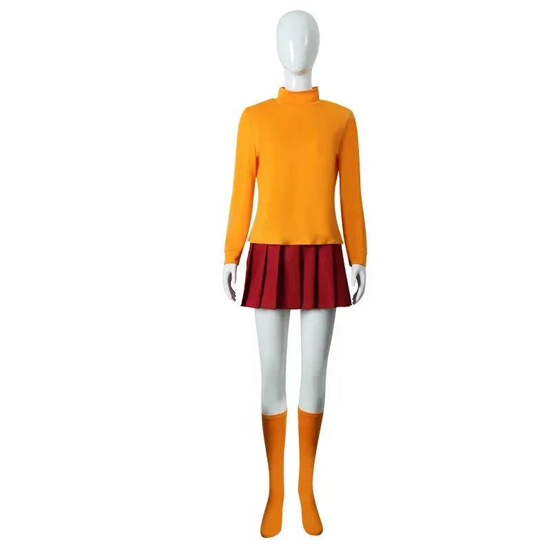 New Anime Velma Seragam Cosplay Kostum Orange Short Skirt Uniform Wanita Kaus Kaki Rok Atas Halloween Party Carnival Set Gift