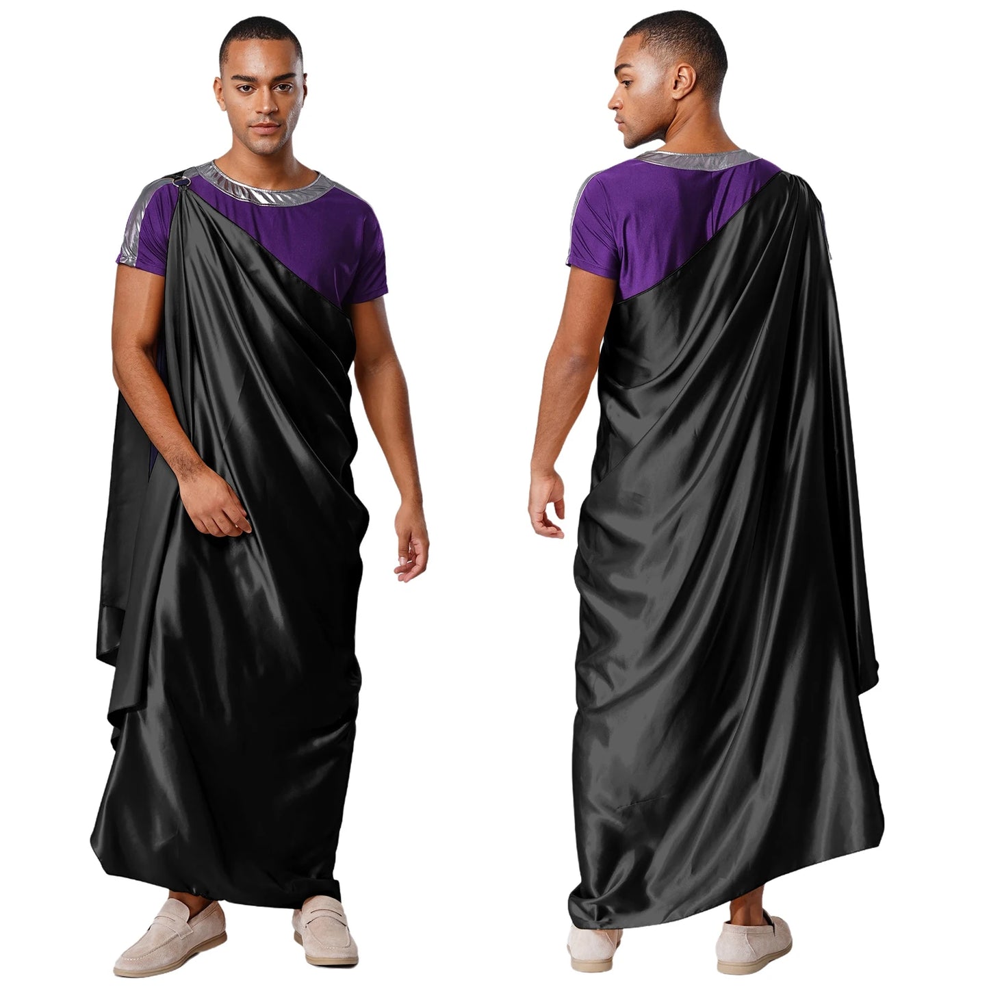 Men Halloween Ancient Greek God Hades Costume Short Sleeve Robe with One Shoulder Satin - Gold / XL