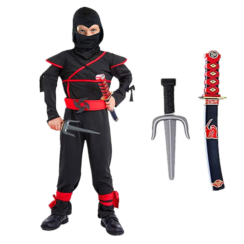 Black Ninja Costume Boy Halloween Japanese Samurai Costume Kid Anime Muscle Costume With