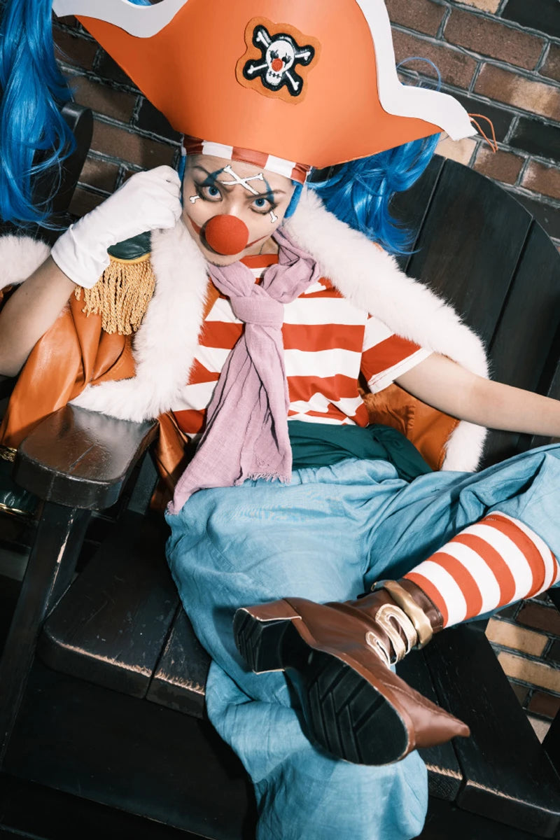 Anime Clown Buggy Costume Hat Pirate Buggy Orange Cloak Uniform Joker Full Set Halloween - Costume with Hat / XXXL