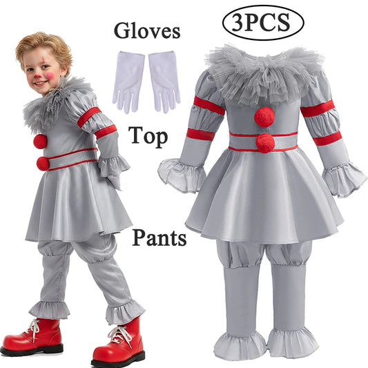 Boys Horrible Clown Costume Top+Pant 2 PCS Set Kids Scary Joker Kids Costume Halloween - A / 3T(110)