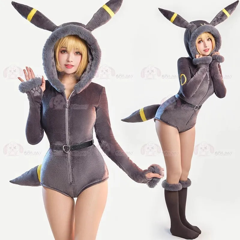Anime Eevee Cosplay Costume Women Sexy Flannel Hooded Bodysuit Socks Suit Bunny Girl Cute Cartoon Plush Pajamas Jumpsuit Uniform