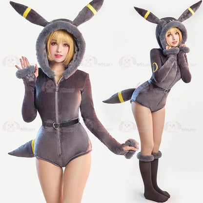 Anime Eevee Cosplay Costume Women Sexy Flannel Hooded Bodysuit Socks Suit Bunny Girl Cute Cartoon Plush Pajamas Jumpsuit Uniform