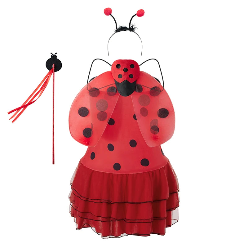 Women Outfit Striped/Dots Print Sleeveless Ladybug/Bee Costume Dress with Hair Hoop