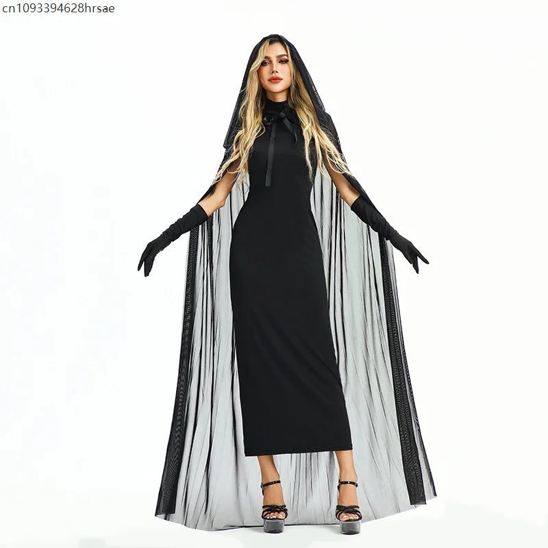 Gothic Dark Witch Cosplay Costume Women Black Fitted Dress Long Hooded Cape Gloves Halloween Vampire Outfit - product image 2