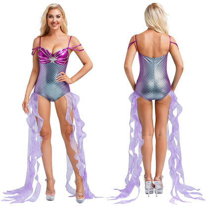 Women Halloween Theme Mermaid Princess Costume Sequin Metallic Shiny Fish Scales Print - Purple / XL