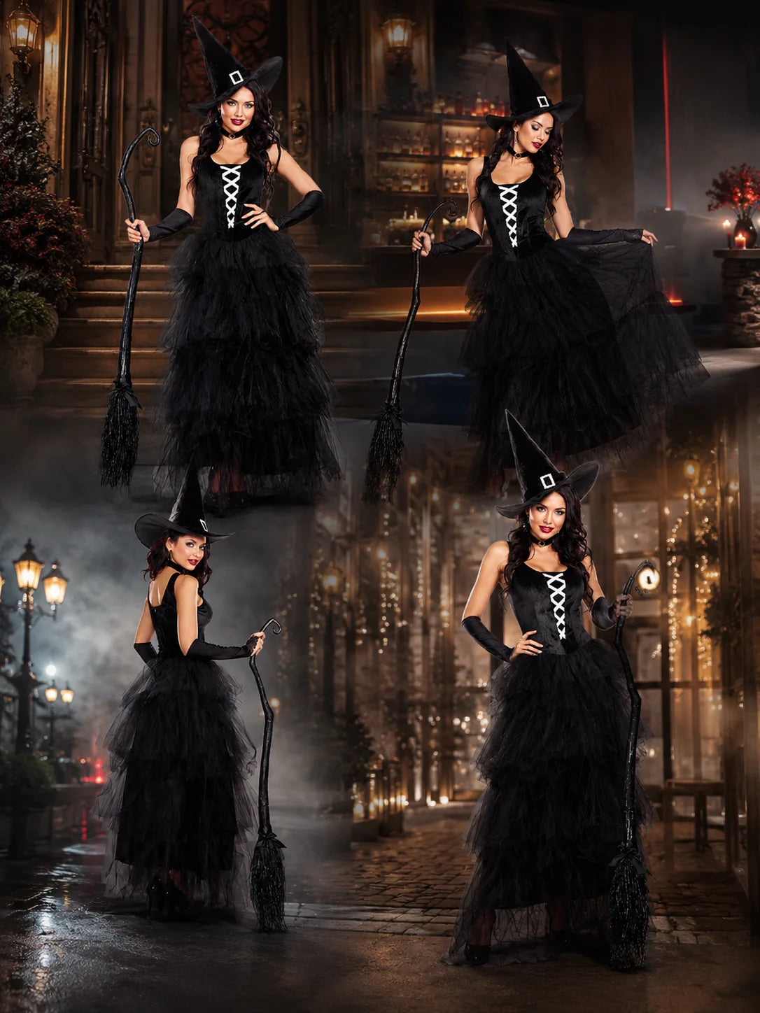 Women's Gothic Witch Costume – Tulle Gown, Hat & Accessories