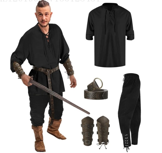 4 Pcs Men's Renaissance Costume Set Medieval Pirate Shirt Ankle Banded Pants Viking
